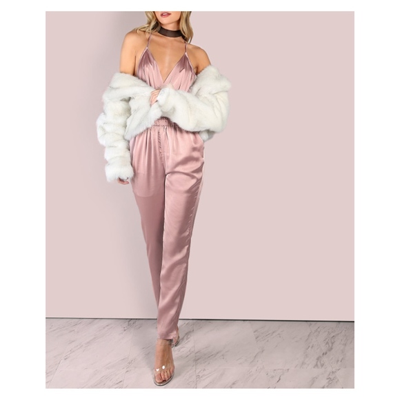 Dusty Pink V Neck Backless Satin Jumpsuit - Picture 4 of 5